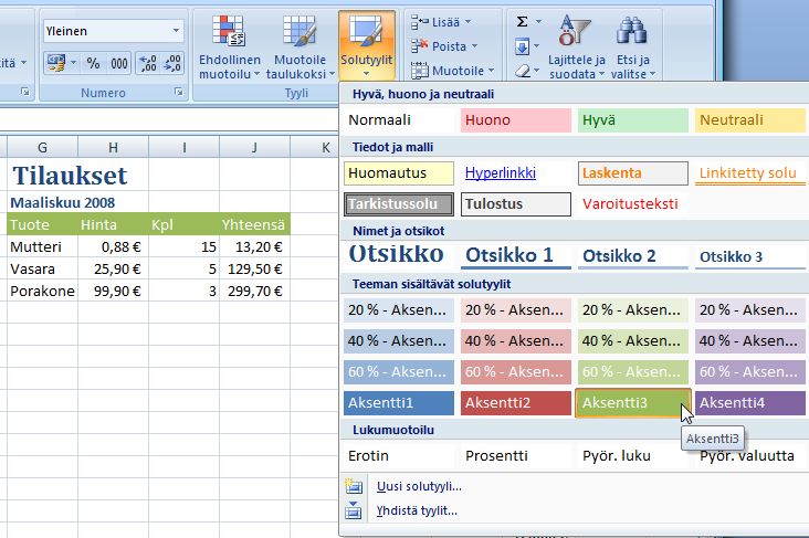 Taulukkolaskenta Microsoft Excel 2007 21/65 2 1 3 Muut muotoilutyökalut Edellä kuvatut valmiit taulukko- ja solutyylit ovat helppo ja nopea tie taulukon muotoilemiseen.