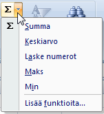 Taulukkolaskenta Microsoft Excel 2007 26/65 Kaavat ja soluviittaukset Summa-painikkeen käyttäminen Yleisin Excelissä suoritettu laskutoimitus on yhteenlasku ja suorittamiseksi Aloitusvälilehden