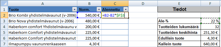 Taulukkolaskenta Microsoft Excel 2007 28/65 Tällöin saadaan oikea tulos (486 ) yhteen kohtaan. Tämä kaava voidaan kyllä kopioida täyttökahvasta vetämällä muillekin riveille (ks.