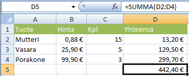 Taulukkolaskenta Microsoft Excel 2007 32/65 Funktiot Funktio on Excelissä valmiina oleva laskukaava.