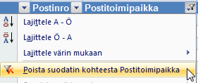 Taulukkolaskenta Microsoft Excel 2007 43/65 Suodattaminen Jos alue on muotoiltu taulukoksi, löydät lajittelun ja suodattamisen napsauttamalla pudotusvalikon painiketta otsikkojen oikeasta reunasta.