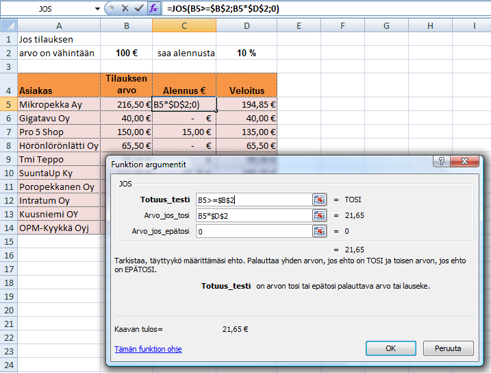 Taulukkolaskenta Microsoft Excel 2007 48/65 Alla lasketaan asiakkaalle alennus (D2 eli 10%), mikäli tämän tilaus ylittää tietyn kynnysarvon (B2 eli 100 ).