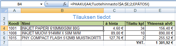 Taulukkolaskenta Microsoft Excel 2007 49/65 Hakufunktiot PHAKU (VLOOKUP) PHAKU-funktiolla voidaan etsiä tietoa tietyltä pystysarakkeelta ja palauttaa samalta riviltä valittu arvo: