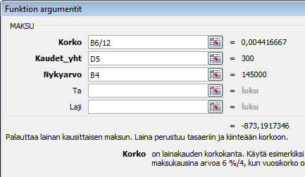 Taulukkolaskenta Microsoft Excel 2007 52/65 Laskelmaan syötetään asunnon hinta ja omat säästöt. Tarvittava lainapääoma on silloin Asunnon hinta - Säästöt.