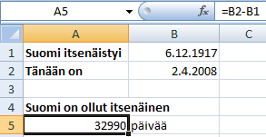 Taulukkolaskenta Microsoft Excel 2007 55/65 Excelin muotoilukoodeja SUOM. ENG. SELITYS ESIMERKKI p d Päivä yksinumeroisena 3.4.2008 pp dd Päivä kaksinumeroisena 03.04.