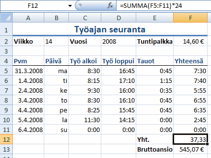 Taulukkolaskenta Microsoft Excel 2007 56/65 Aika-arvoilla laskeminen Edelliseen esimerkkiin voidaan ottaa myös kellonajat mukaan: Nykyinen ajanhetki saadaan helposti kirjoittamalla funktio =NYT()