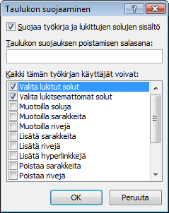 Taulukkolaskenta Microsoft Excel 2007 57/65 3. Poista ruksi kohdasta Lukittu. 4. Ota taulukon suojaus käyttöön napsauttamalla Tarkista-välilehden Suojaa taulukko - painiketta: 5.