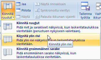 Taulukkolaskenta Microsoft Excel 2007 59/65 Otsikkojen kiinnittäminen Kun taulukko ei mahdu kerralla ruudulle, ensimmäisen rivin kiinnittäminen helpottaa selaamista useimmissa tapauksissa.