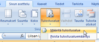 Taulukkolaskenta Microsoft Excel 2007 61/65 Tulostusalueen määrittäminen Taulukoissa on usein tietoja, joita ei haluta mukaan tulosteisiin. Esim.