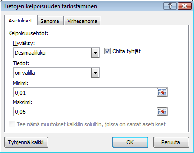 Taulukkolaskenta Microsoft Excel 2007 62/65 Muita hyödyllisiä toimintoja Tietojen kelpoisuuden tarkistaminen Kelpoisuustarkistuksilla voidaan rajata arvoa, joka soluun on mahdollista syöttää.