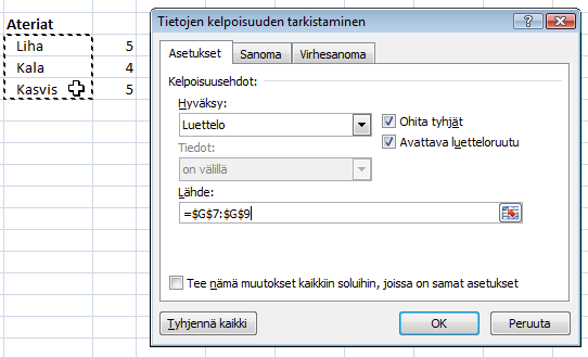 Taulukkolaskenta Microsoft Excel 2007 63/65 1. Varmista, että jossakin samassa laskentataulukossa on allekkain tai vierekkäin kirjoitettuna luettelo, jossa on hyväksyttävät arvot. 2. Valitse solut, joihin haluat arvon tietystä luettelosta 3.