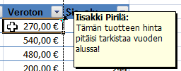 Taulukkolaskenta Microsoft Excel 2007 65/65 Nyt esimerkiksi tuotelistauksessa oleva vaunujen keskihinnan laskeva kaava: =KESKIARVO.