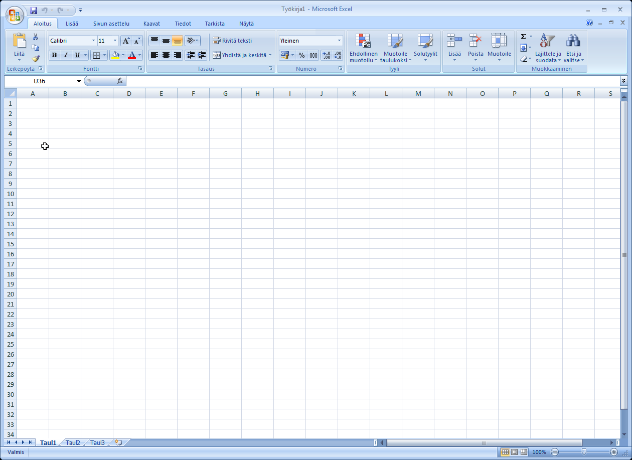 Taulukkolaskenta Microsoft Excel 2007 7/65 Uudistettu käyttöliittymä Office 2007:n uudistetussa käyttöliittymässä on luovuttu perinteisistä valikoista.