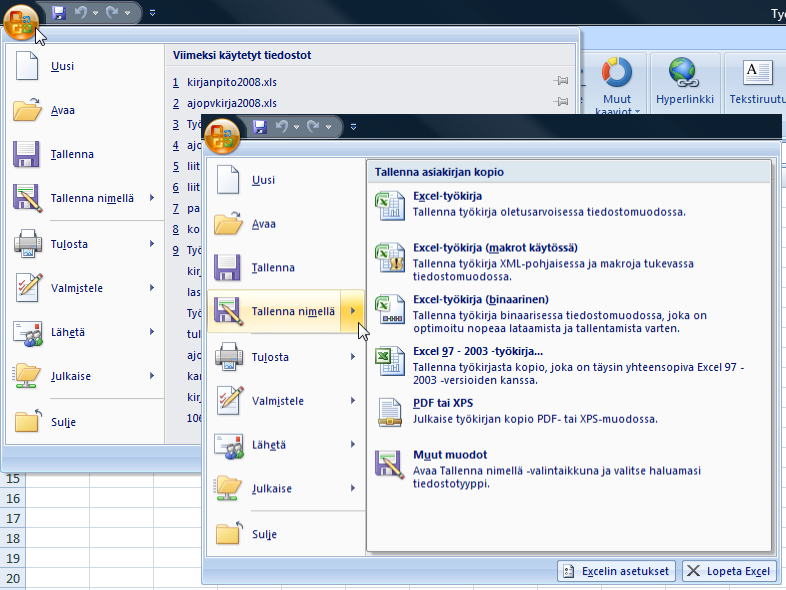 Taulukkolaskenta Microsoft Excel 2007 8/65 Office-painike (Office Button) Myös Excelin asetukset löytyvät nyt täältä!