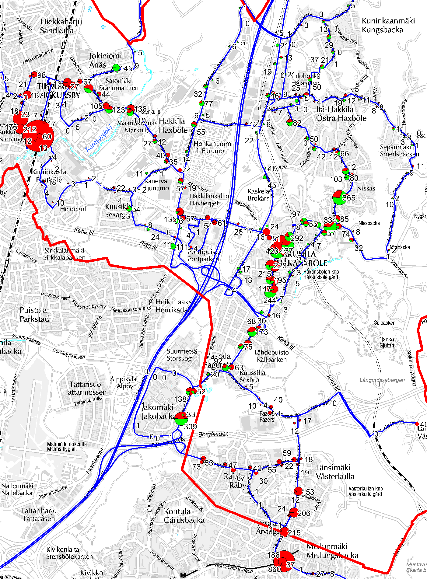18 Kuva 8. Tikkurilan ja Hakunilan välisen alueen sisäisille ja seutulinjoille tehdyt nousut arkipäivänä (punainen: sisäiset linjat, vihreä: seutulinjat).