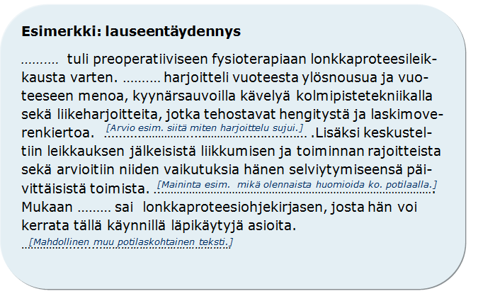 8 Fraasi voi olla myös muokattava tai täydennettävä lause tai muu teksti, kuten esimerkiksi Tutkimistilanteen muistilista Jäsennys toimintakyvyn arvioinnin ulottuvuuksista (fyysinen, psyykkinen