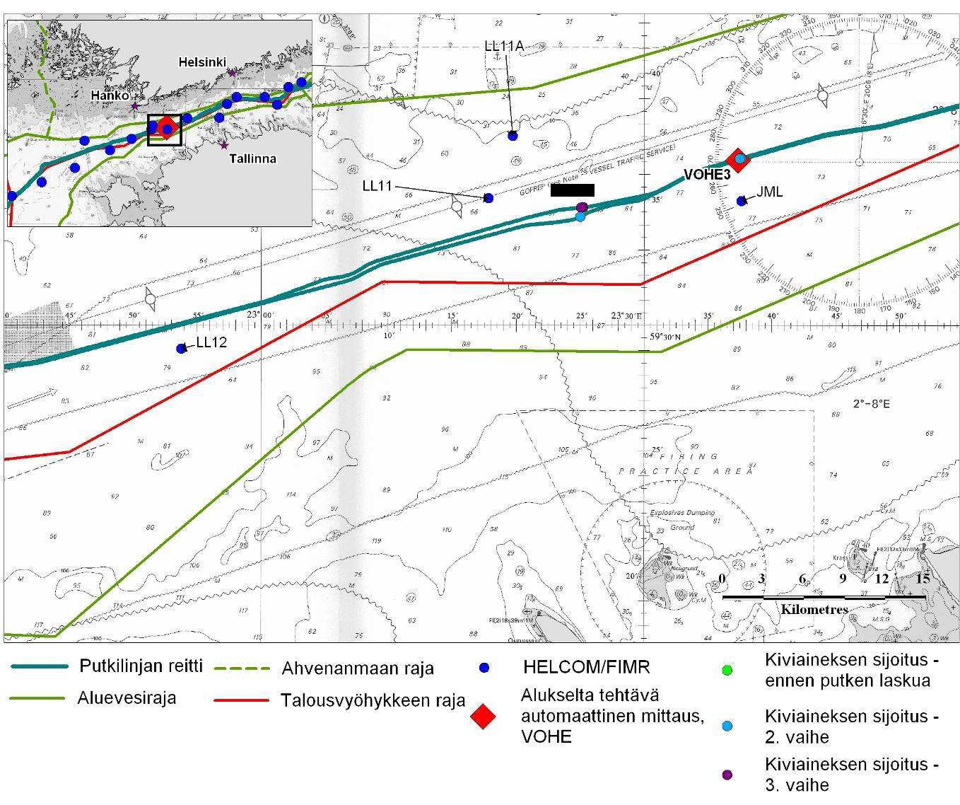 Sivu 25 / 67 Kuva 7. Sameuden leviämisen tarkkailuun käytettävän HELCOM / FIMR-aseman sijainti. Seuranta tehdään alukselta tehtävillä automaattisilla mittauksilla VOHE3.