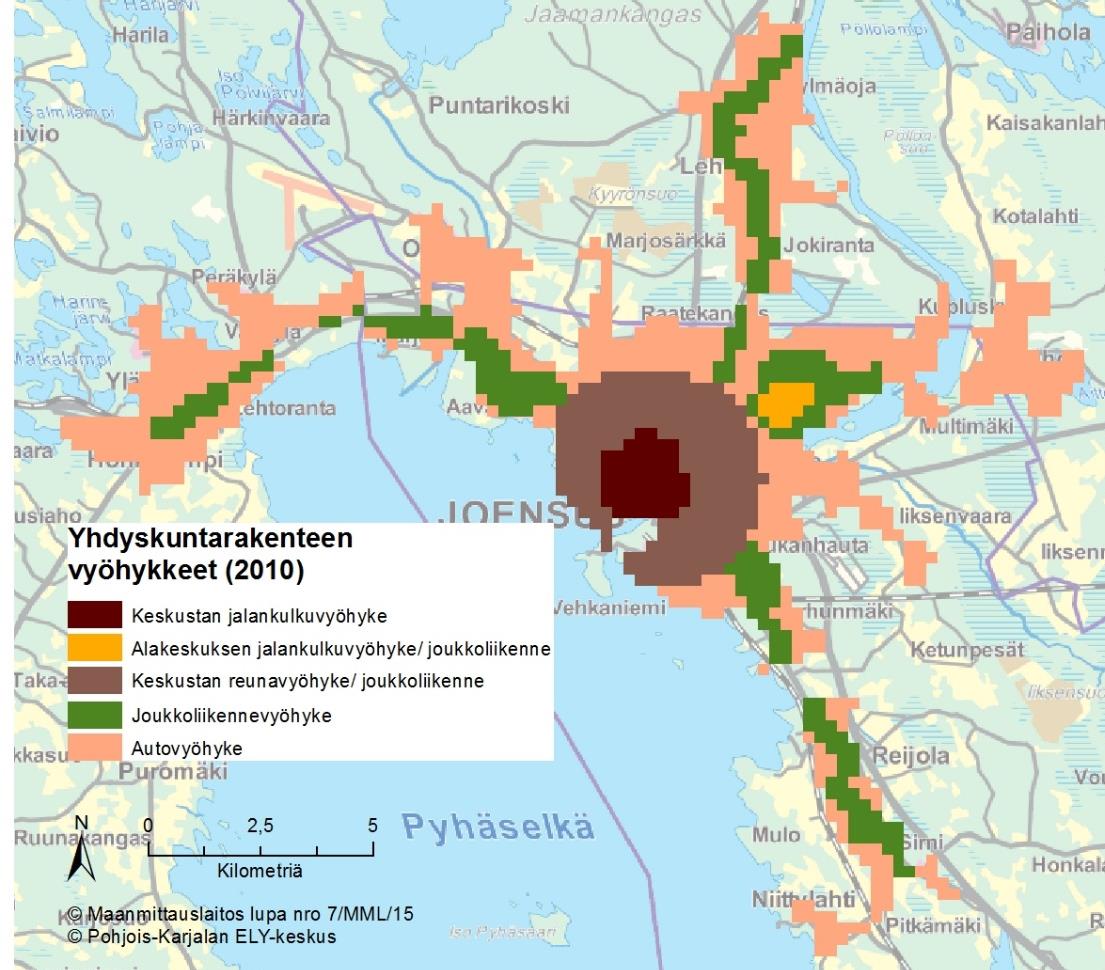 Yhdyskuntarakenteen vyöhykejako Kyseessä on valtakunnallinen paikkatietoaineisto, joka on muodostettu luokittelemalla ja yhdistelemällä 250 metrin YKR - ruutuja jalankulku-, joukkoliikenne ja