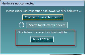 6. Salli Bluetooth-laitteen etsiä Titan. Hetken kuluttua Titan ja vastaava tunnistenumero näkyvät alla olevassa ikkunassa. 7.