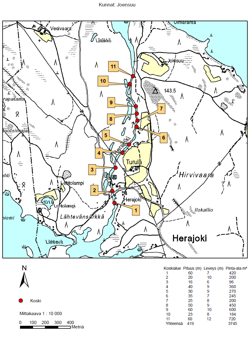 Kuva 36. Herajoen kartoitetut koski- ja virta-alueet.