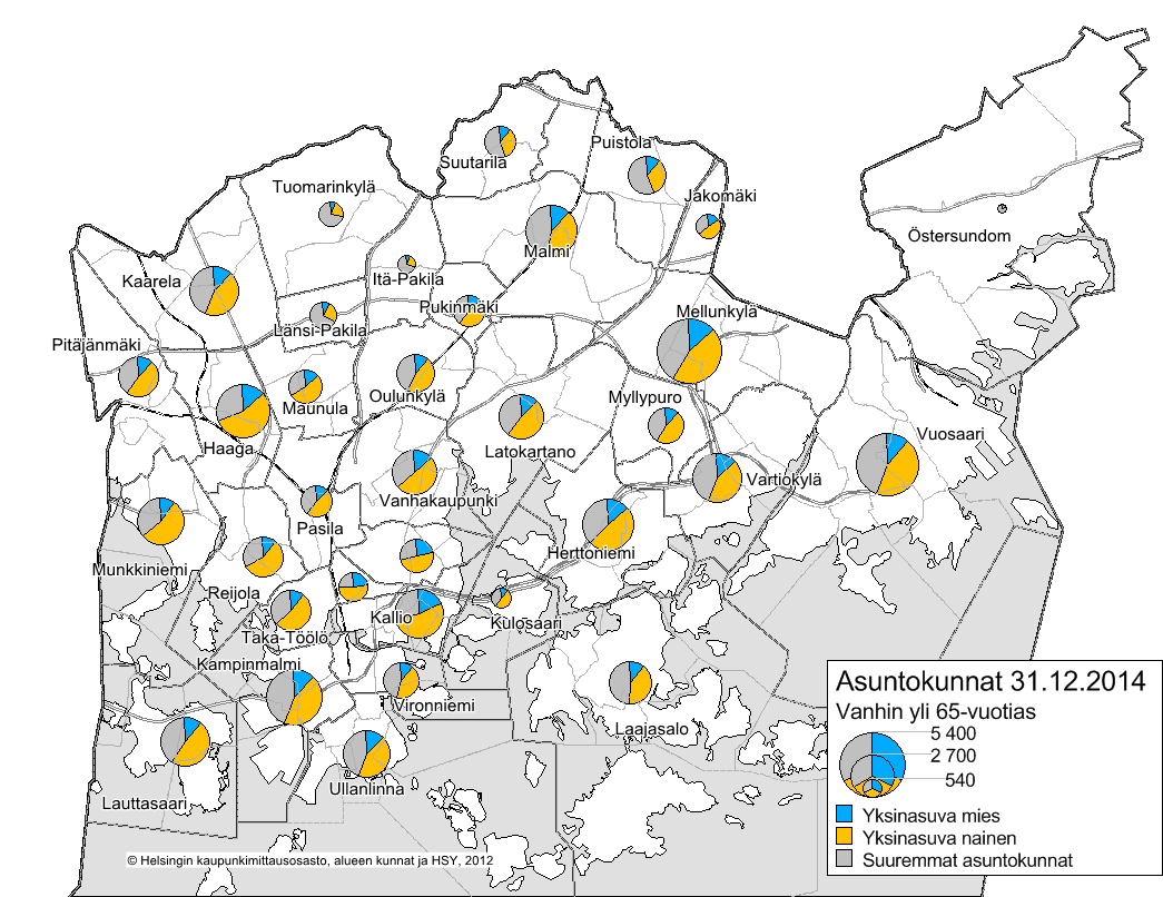 Asuntokunnat, joissa vanhimman ikä yli 65-vuotta 31.12.214 Alueet, joilla suurin osuus yksinasuvia miehiä: Alppiharju, Vallila, Kallio.