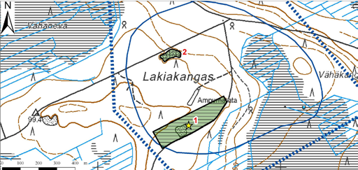 Kuva 79. Soranottoalueet: Korkiaharjun pohjavesialue, 1015108 II lk, Isojoki. Kärjenkoski A:n pohjavesialueelta (kuva 80) kartoitettiin yksi soranottoalue.