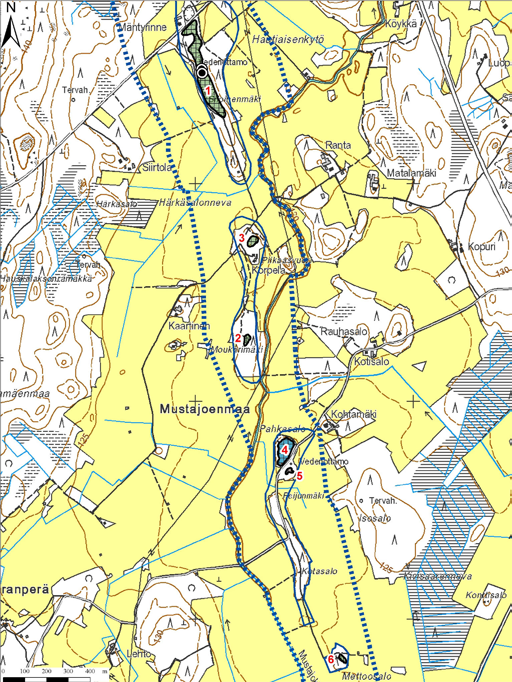 Koskuen pohjavesialueelta (kuva 100) kartoitettiin kuusi soranottoaluetta. Alueiden kunnostustarve on vähäinen lukuun ottamatta alueita 4 ja 5.