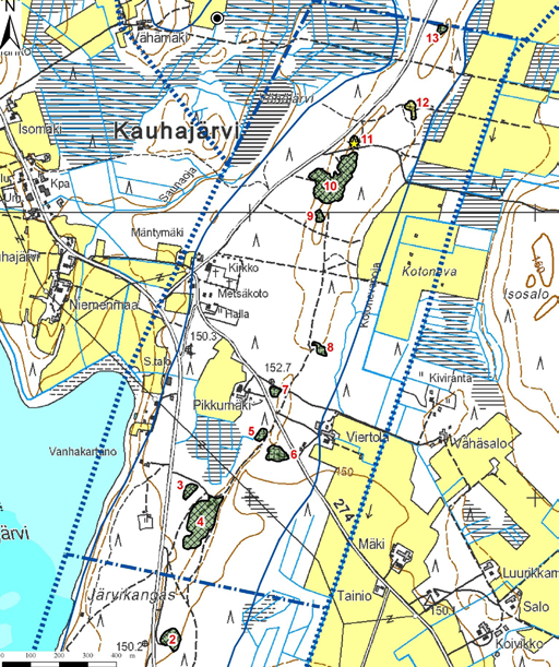 Järvikangas A:n, Järvikangas B:n ja Järvikangas C:n pohjavesialueilta (kuvat 125-126) kartoitettiin yhteensä 13 soranottoaluetta. Suurin osa alueista on kunnostustarpeeltaan vähäisiä. Kuva 125.
