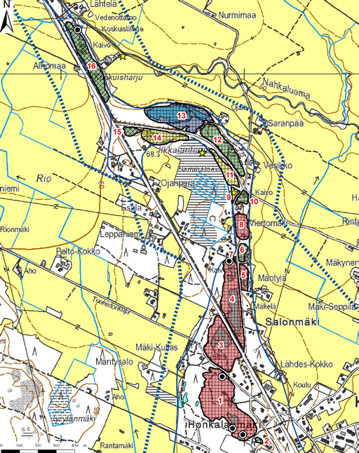 Salonmäki A:n ja Salonmäki B:n pohjavesialueilta (kuvat 65-66) kartoitettiin yhteensä 21 soranottoaluetta. Usealle soranottoalueelle on muodostunut lampia soranoton seurauksena (kuva 67).