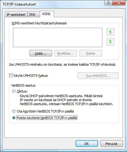 2. Laajakaistaliittymän asetukset / Windows Vista 12. DNS-välilehti: Vain Liitä ensisijaiset ja yhteyskohtaiset DNS-liitteet -valinta tulee olla valittuna. Poista muut valinnat. 13.