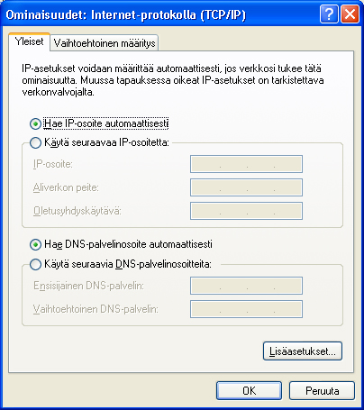 2. Laajakaistaliittymän asetukset / Windows XP 12. WINS-välilehti Vain Poista käytöstä NetBios- TCP/IP:n päällä -valinta tulee olla valittuna. Poista muut valinnat kuvan mukaan. 16.