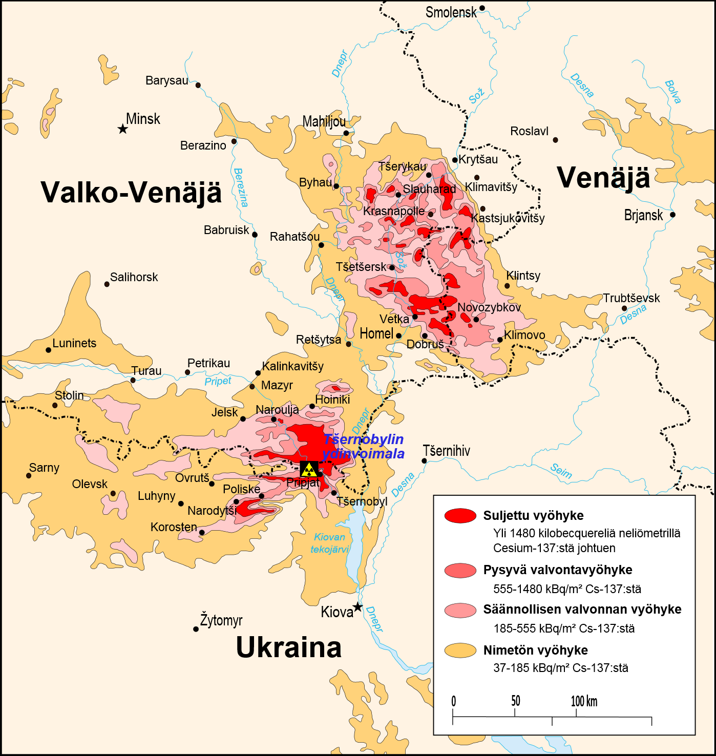Säteilyarvon mukaan määritetyt vyöhykkeet Ukrainan, Valko-Venäjän ja
