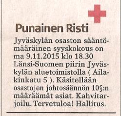 Järjestetyt toiminnan esittelyt TAULUKKO 1: Toiminnan esittelyt 2015 Päivämäärä Tapahtuma Paikalla Osallistujia osastosta 10.2.2015 Jyväskylän osaston ystävätoiminnan esittely 1 15 NMKY:lle, järjestöavustaja Anne Pälve 21.