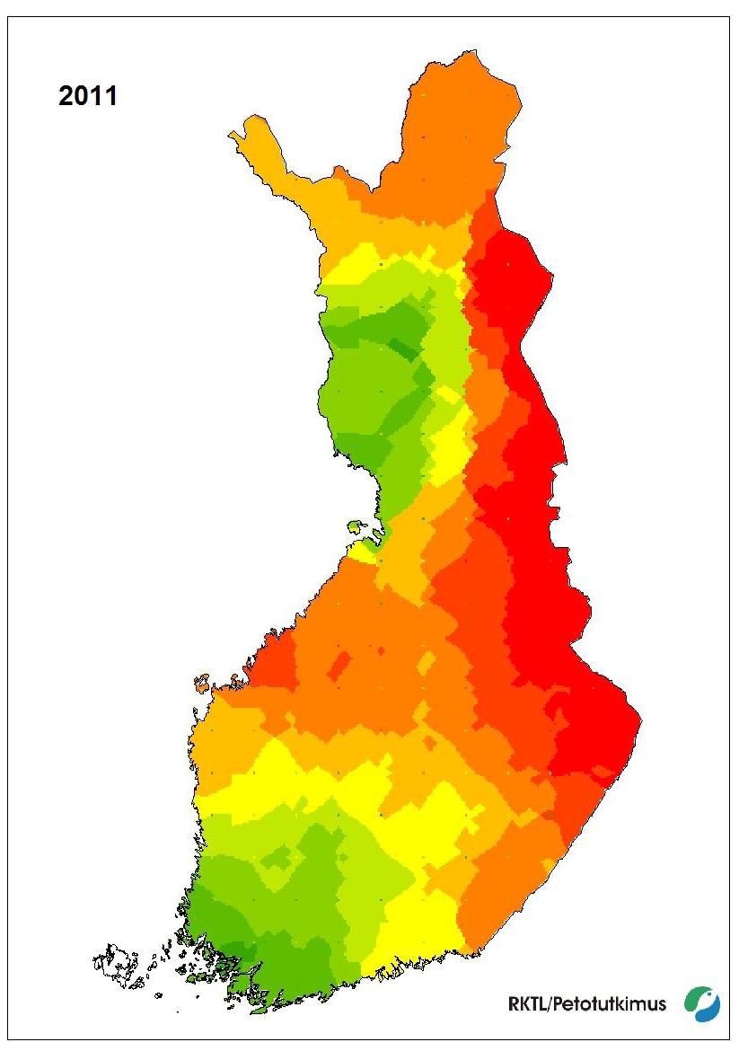 9 Kuva 3. Ahman esiintyminen ahmahavaintojen tiheyden perusteella vuonna 2009 ja vuonna 2011 (RKTL).