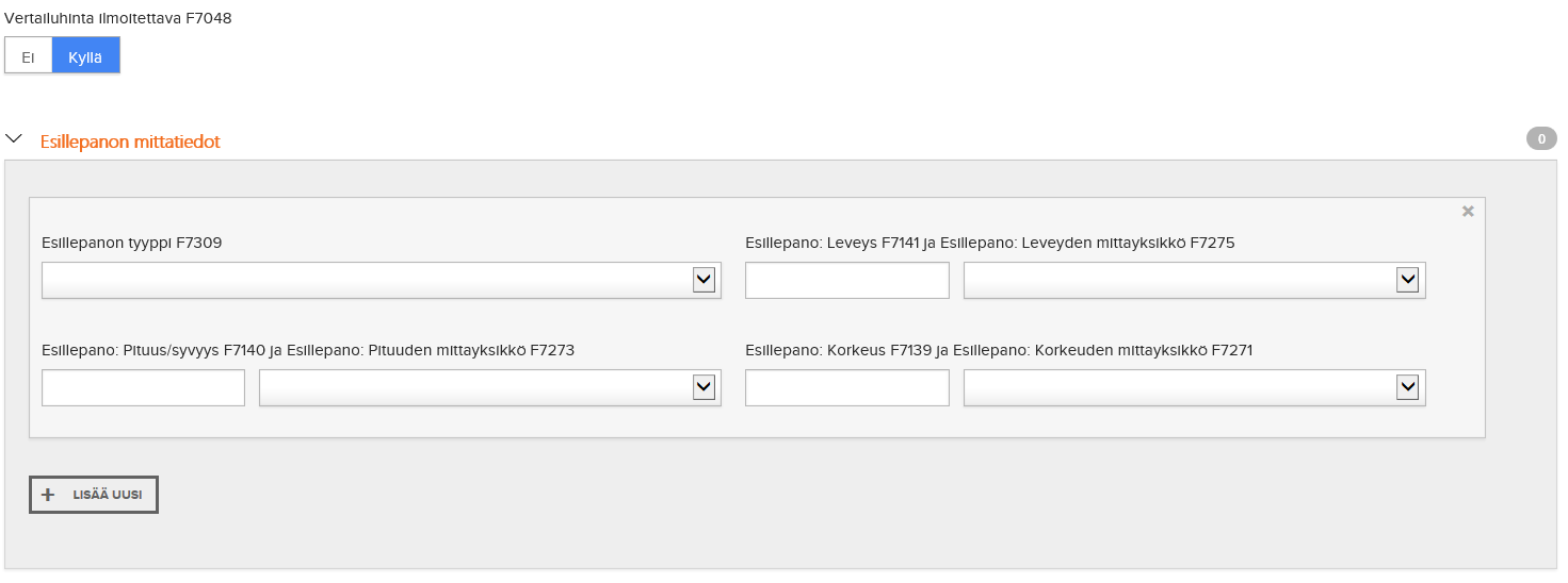 4.6.2. Leveys F7144 ja Leveyden mittayksikkö F7178 Tieto kopioituu ensimmäiseltä sivulta. 4.6.3. Korkeus F7142 ja Korkeuden mittayksikkö F7276 Tieto kopioituu ensimmäiseltä sivulta. 4.6.4. Pituus/syvyys F7143 ja Pituuden mittayksikkö F7277 Tieto kopioituu ensimmäiseltä sivulta.