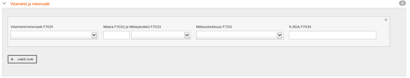 4.21.12. % RDA F7009 Tuotteen sisältämän kilokalorimäärän prosenttiarvo suositellusta päiväannoksesta koskien annettua energiasisältöä [kcal]. RDA = Recommended Daily Allowance. 4.21.13.