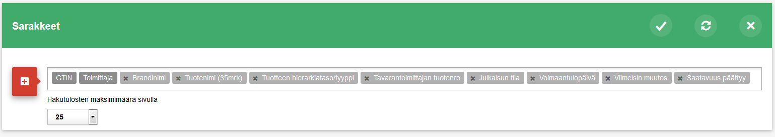 9.2. Valitse ja muokkaa saraketietoja Voit valita mitä saraketietoja hakunäkymällä on (esim. saatavuus päättyy, tuotenimi 35 mrk, julkaisun tila). Löydät helposti esim.