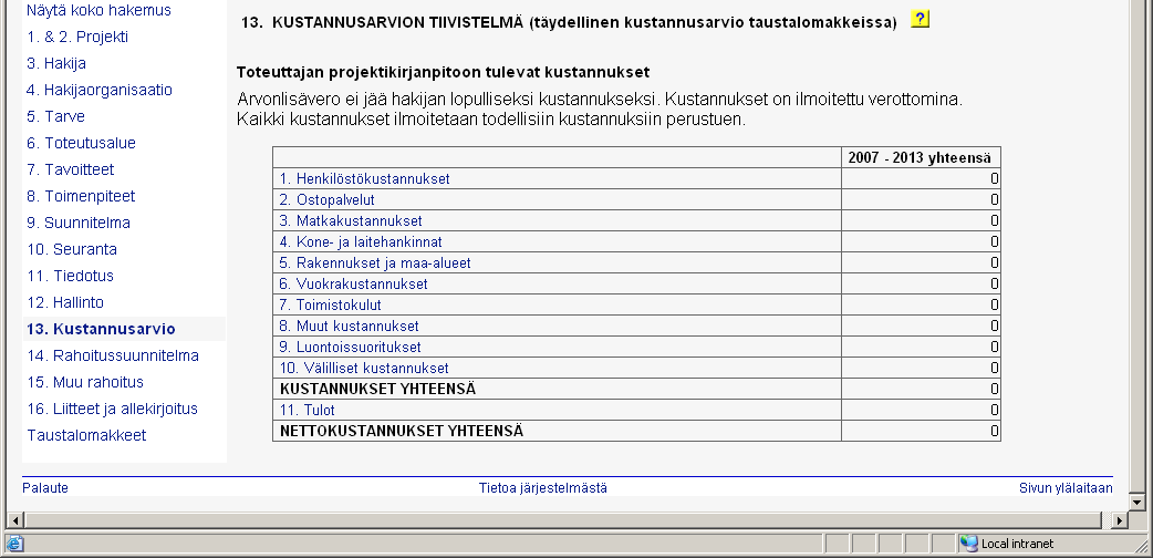 13. KUSTANNUSARVION TIIVISTELMÄ Arviointikriteerit: Projektin toteuttajan taloudelliset edellytykset ja projektin resurssit