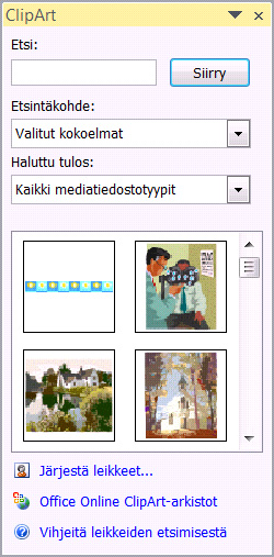 ClipArt-kuvien lisääminen ClipArt on Microsoft Office ohjelma-asennuksessa laitteellesi asennettu ilmaiskuvia sisältävä kuvakirjasto, jossa on satoja valmiita piirros-, animaatio-, ääni-, elokuva- ja