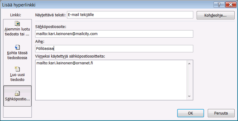 Hyperlinkki sähköpostiosoitteeseen Kun teet esitystä jonka jakelu tapahtuu Internet-sivuilta, saatat tarvita hyperlinkkiä.
