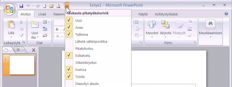 Pikatyökalurivin mukauttaminen Pikatyökalurivillä on oletuksena muutama jatkuvasti tarvitsemasi toiminto, komentopainike.