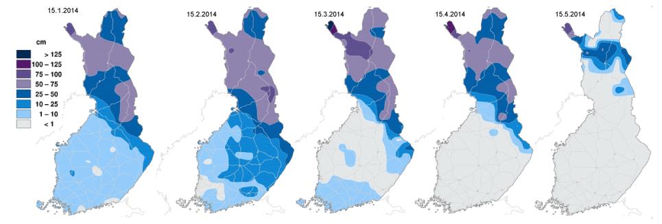 Lieksan Lampelan kuukausittainen sademäärä vuonna 2014 verrattuna pitkän ajan keskiarvoon. Pohjois-Karjalan maakunnassa satoi tammikuun aikana noin 20 mm, kun tavallisesti tammikuussa sataa 43 mm.