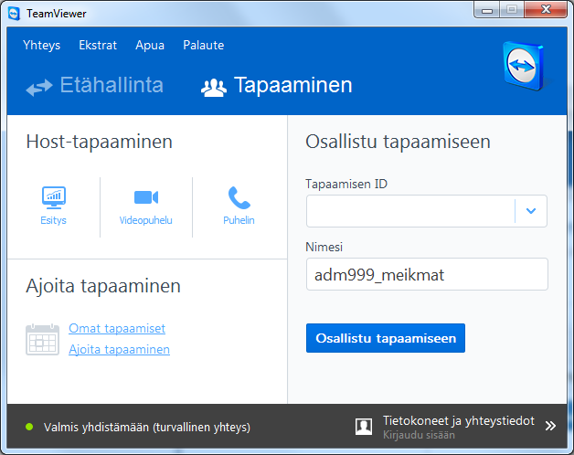 Liittyminen etäkoulutukseen tapahtuu Tapaaminen-toiminnolla. 3. Syötä saamasi ID-numero kenttään Tapaamisen ID ja kirjoita nimeksesi Adminet-käyttäjätunnuksesi.