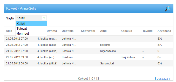 13 / 22 4.3 KOKEET Osiossa voidaan tarkastella kaikkia, tulevia ja menneitä kokeita. Mikäli kokeet eivät mahdu yhdelle sivulle, päästään seuraavalle sivulle klikkaamalla Seuraavalinkkiä.