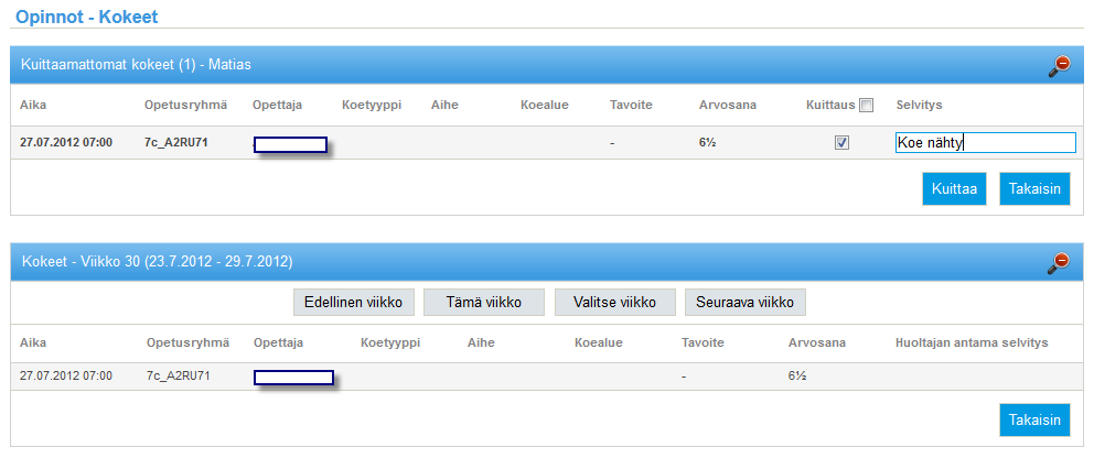 14 / 22 4.4 KOTITEHTÄVÄT Osiossa voidaan tarkastella kaikkia, tulevia ja menneitä kotitehtäviä.
