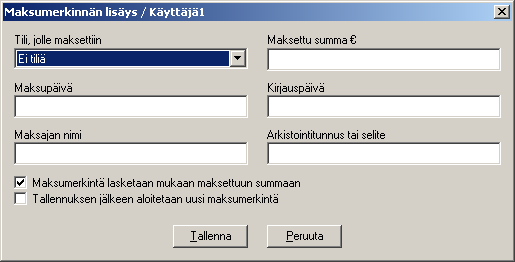 Muokkaa-painikkeella pääset muokkaamaan valitsemaasi maksumerkintää. Mikäli muutos tulee tehdä useampiin merkintöihin, voit kerralla valita kaikki muokattavat merkinnät maalaamalla ne.