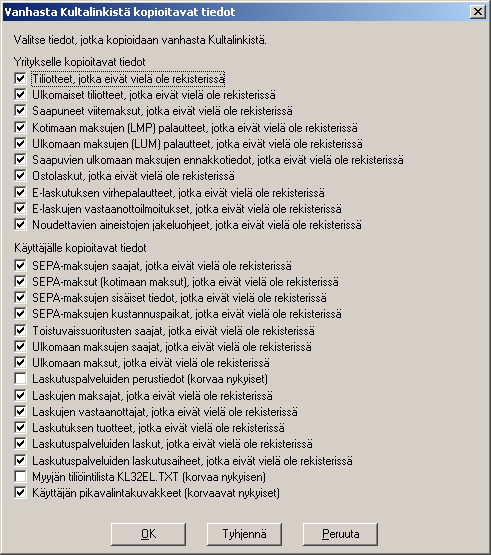 Valitse ne tiedot, jotka haluat kopioida vanhasta Kultalinkistä (versio 6.x). Oletuksena kaikki tiedot ovat valittuina. Jotkut valinnat kirjoittavat tietoja nykyisten päälle, eli korvaavat ne.