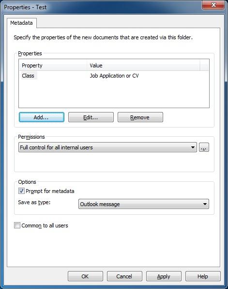Voit myös määritellä varsinaisesta sähköpostiviestistä luettavia ominaisuuksia M-Files-kansiolle. Voit lisäksi määritellä, että näytetäänkö metatietokorttia M-Files-kansioon tallennettaessa vai ei.