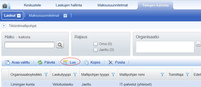 Ostoreskontra P2P (Alusta) Professional-käyttäjän ohjeet Sivu 31 / 63 5 Tiliöintimallipohjien ja maksusuunnitelmaryhmien ylläpito Tietojen hallinta-osion kautta kierronvalvojat voivat ylläpitää koko