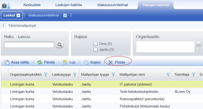 Ostoreskontra P2P (Alusta) Professional-käyttäjän ohjeet Sivu 33 / 63 Tiliöintimallipohjan poistaminen käytöstä Mallipohjan saa poistettua